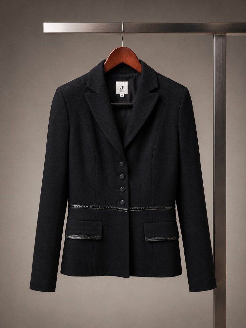 JODI Wool Cashmere Blend Black Blazer Patent Trim Nipped Waist Notch Size 2 XS